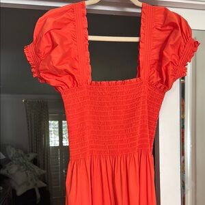 Tory Burch cotton poplin smocked square neck midi dress . medium